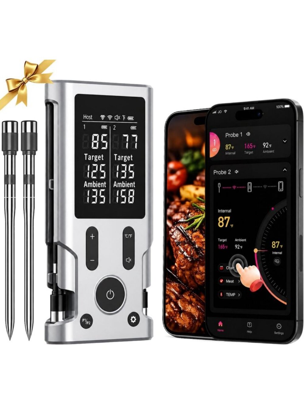 Digital Wireless Meat Thermometer with 2 Probes & Smart App Alerts for Perfect